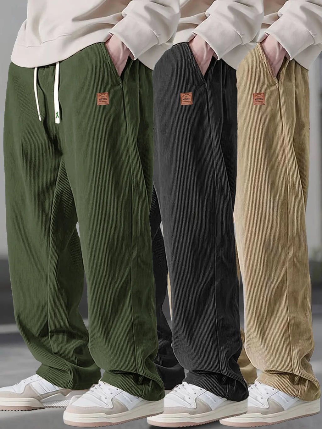 Men’s 3-Pack Corduroy Pants – Loose Fit Drawstring Casual Straight Leg Trousers