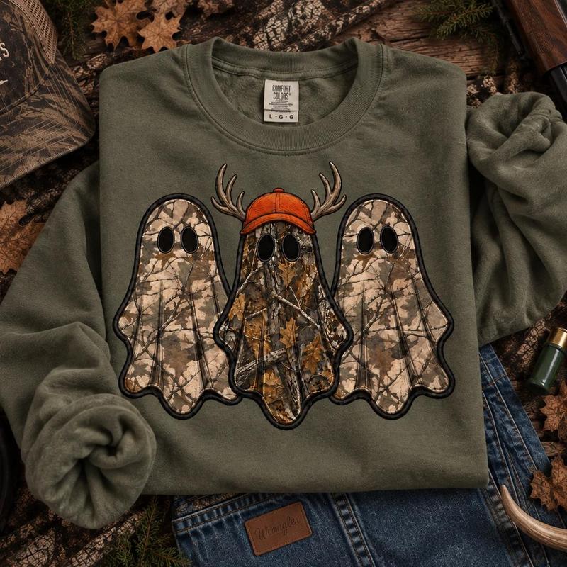 Camo Ghost Hunting Halloween Printed Sweatshirt/Hoodie/T-shirt – Vintage Hunting Season Graphic Crewneck
