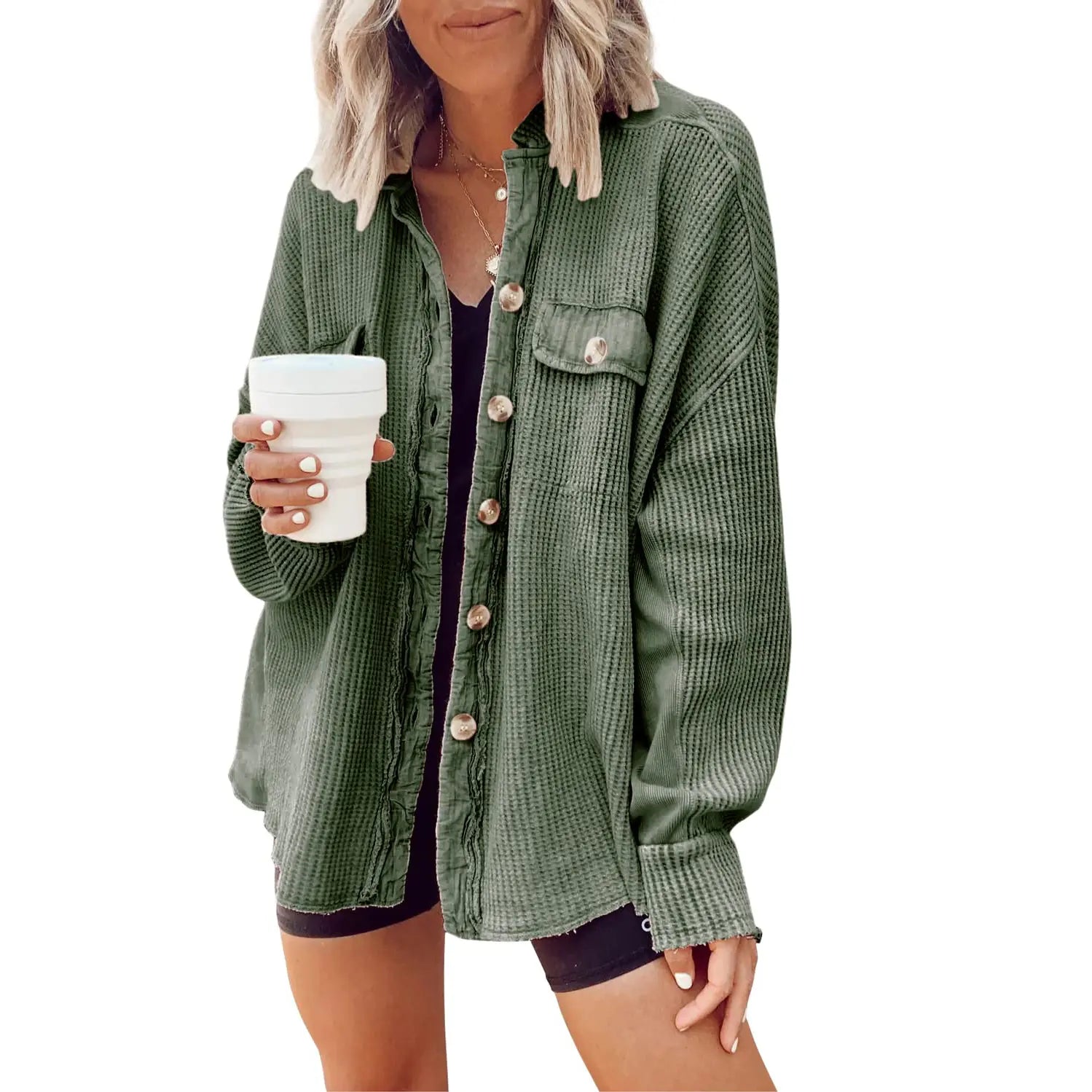 Women's Waffle Knit Oversized Shacket – Relaxed Button Down Layering Top for Fall