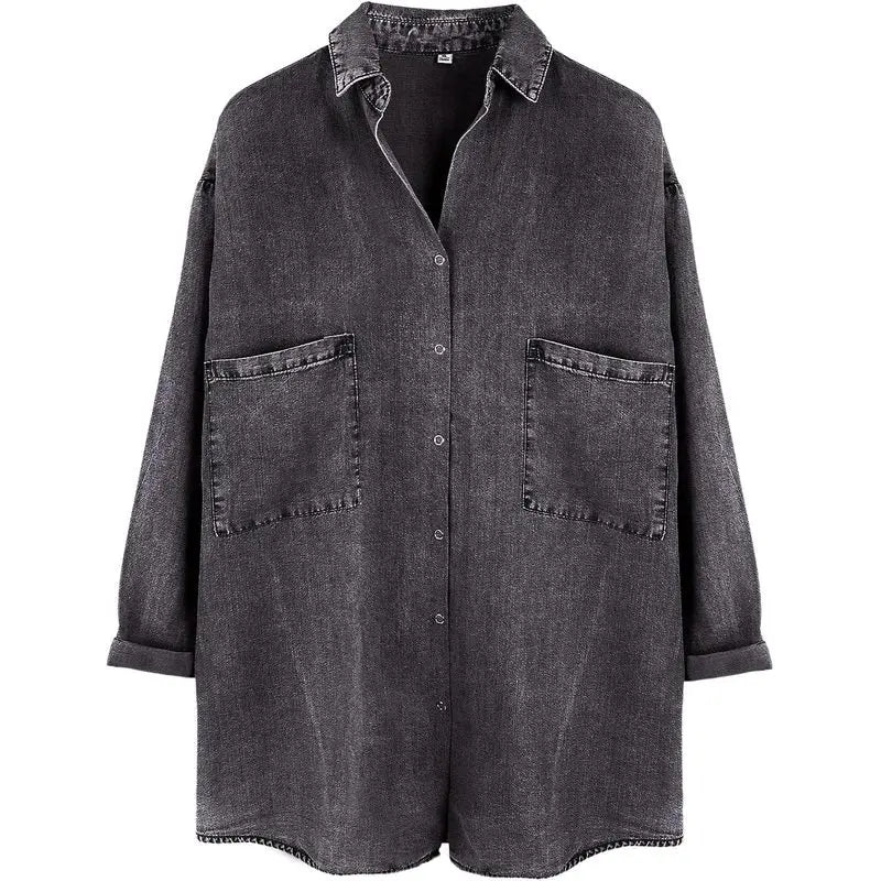 Women’s Tencel Chambray Denim Shirt – Oversized Button Down 3/4 Sleeve Top with Pockets
