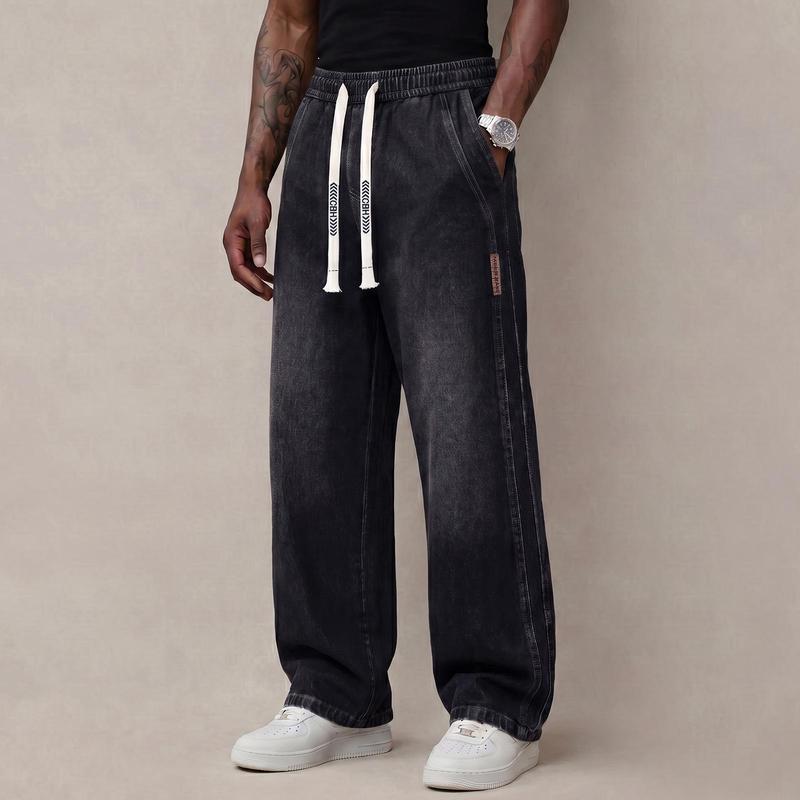Men's Baggy Drawstring Jeans – Vintage Washed Wide Leg Denim Pants