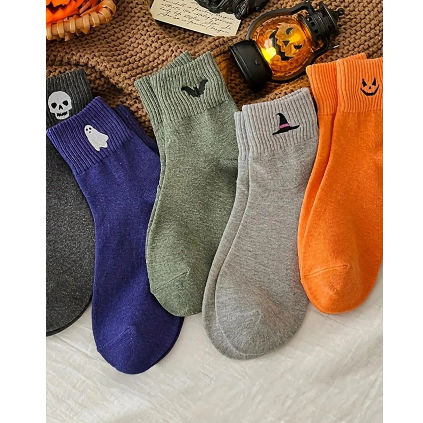 Cute Halloween Embroidered Socks Set | Cozy Fall Pumpkin Ghost Crew Socks