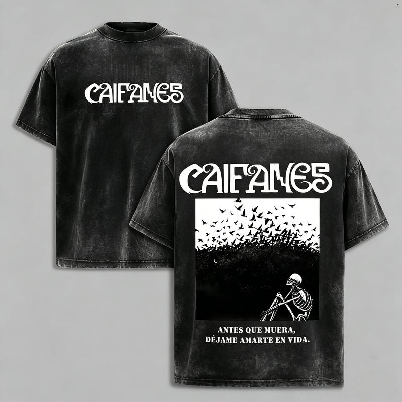 Caifanes Vintage Washed Graphic T-Shirt/Sweatshirt/Hoodie – Skeleton Birds Double-Sided Print, Mexican Rock Streetwear Tee