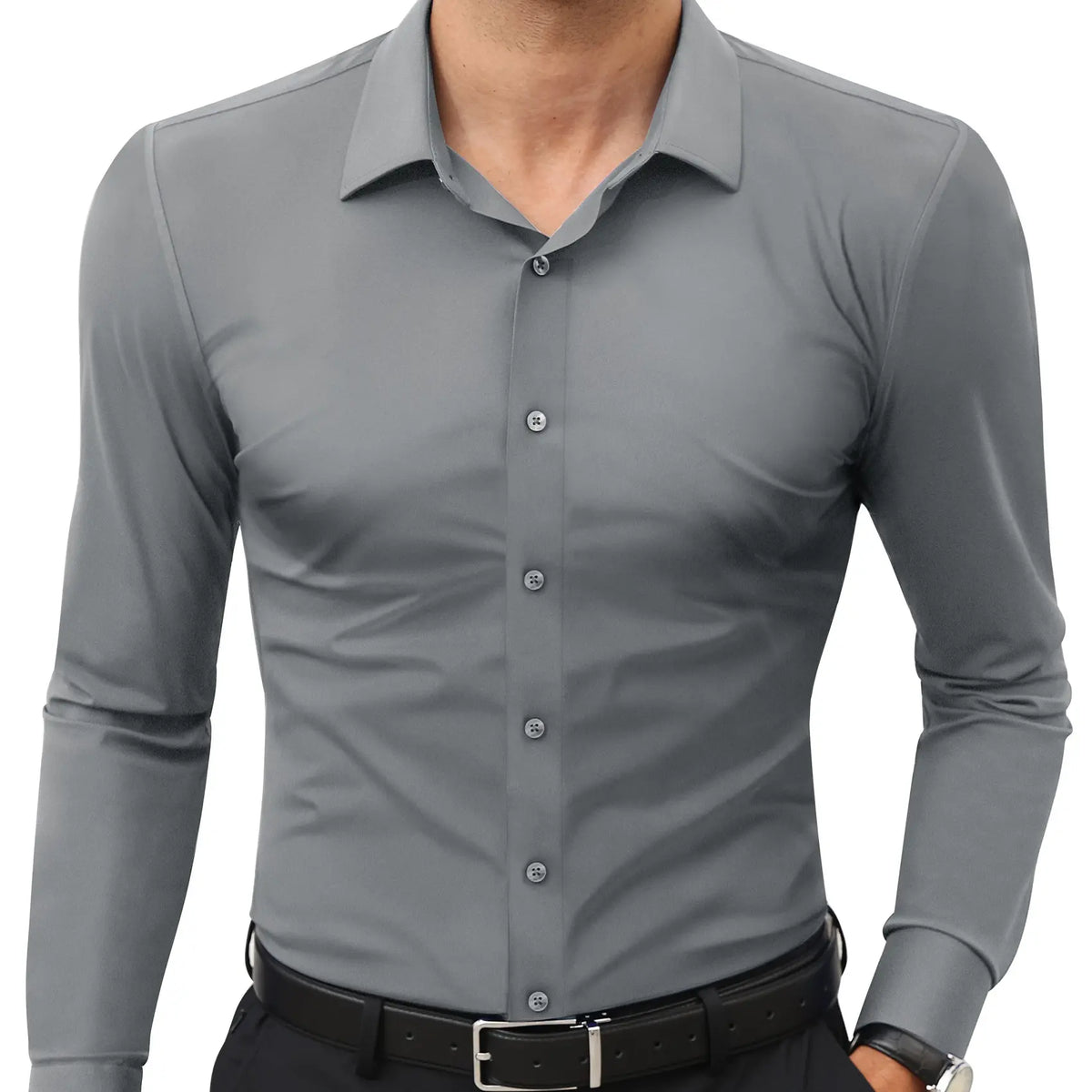 Men’s Super Stretch Dress Shirt – Slim Fit Wrinkle-Resistant Long Sleeve Button-Down