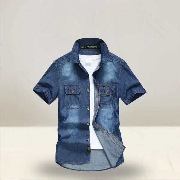 Men's Vintage Washed Denim Shirt – Short Sleeve Double Pocket Work Shirt