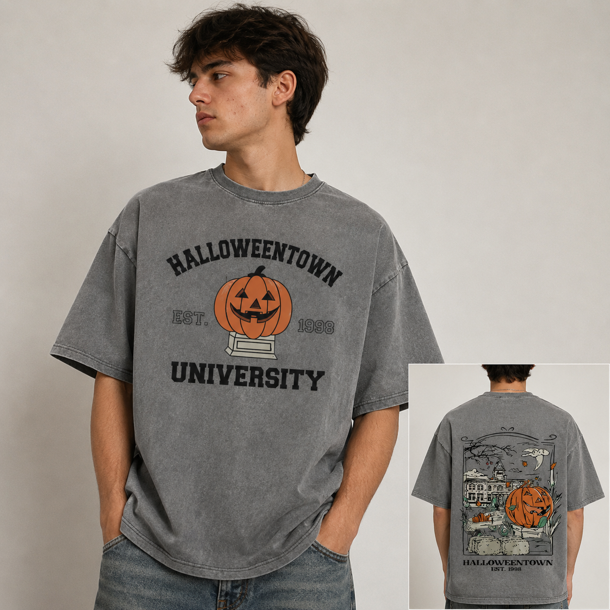 Halloweentown University Vintage Halloween T-Shirt/Sweatshirt/Hoodie – Pumpkin Front & Back Graphic Washed Tee