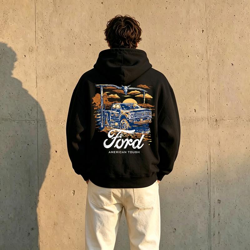 Ford American Tough Vintage Truck Hoodie/Sweatshirt/T-Shirt – Retro Pickup Sunset Graphic Pullover, Western Automotive Sweatshirt