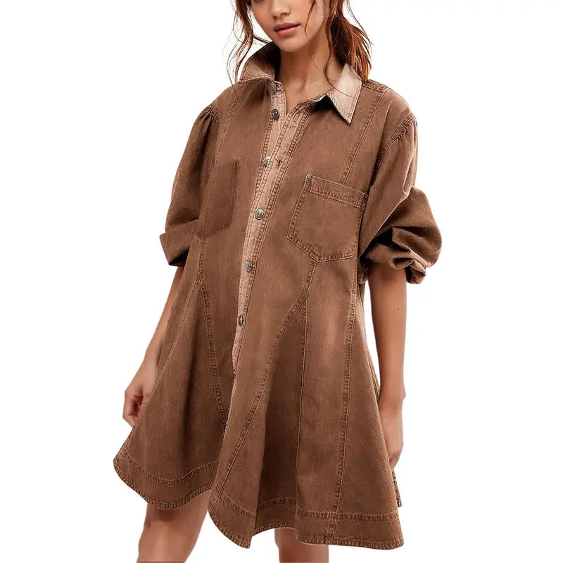Women’s Washed Denim Shirt Dress – Puff Sleeve Button Front Babydoll Mini Dress with Patch Pockets