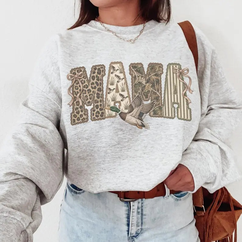 Duck Hunting Mama Sweatshirt/Hoodie/T-Shirt – Vintage Camo Bow Graphic Crewneck for Women