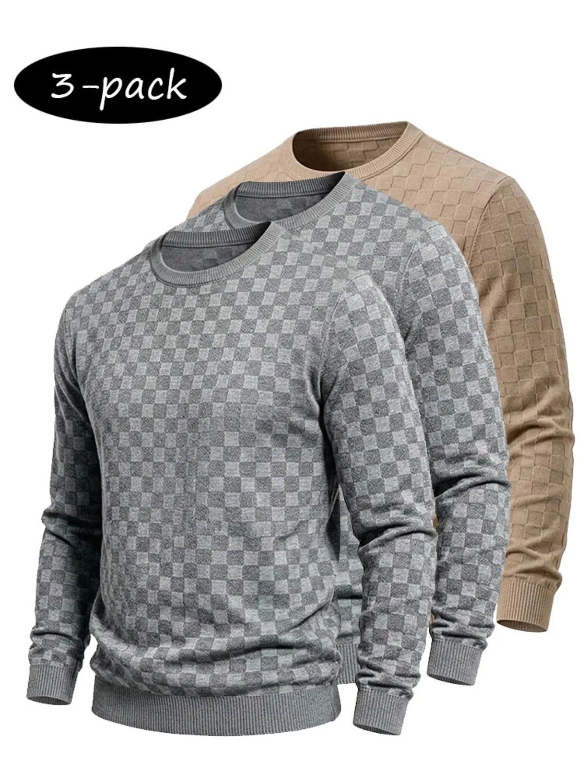 4-Pack Men’s Checkered Knit Sweaters – Lightweight Crewneck Long Sleeve Pullovers