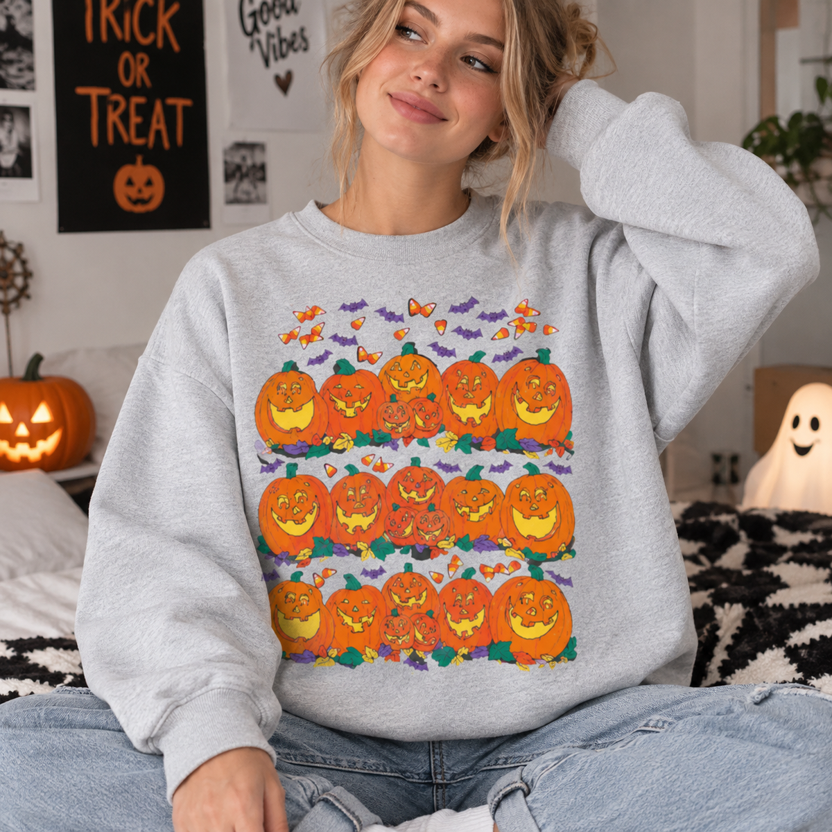 🎃Retro Halloween Pumpkin Sweatshirt/Hoodie/T-Shirt – Vintage Jack-O’-Lantern Graphic Crewneck