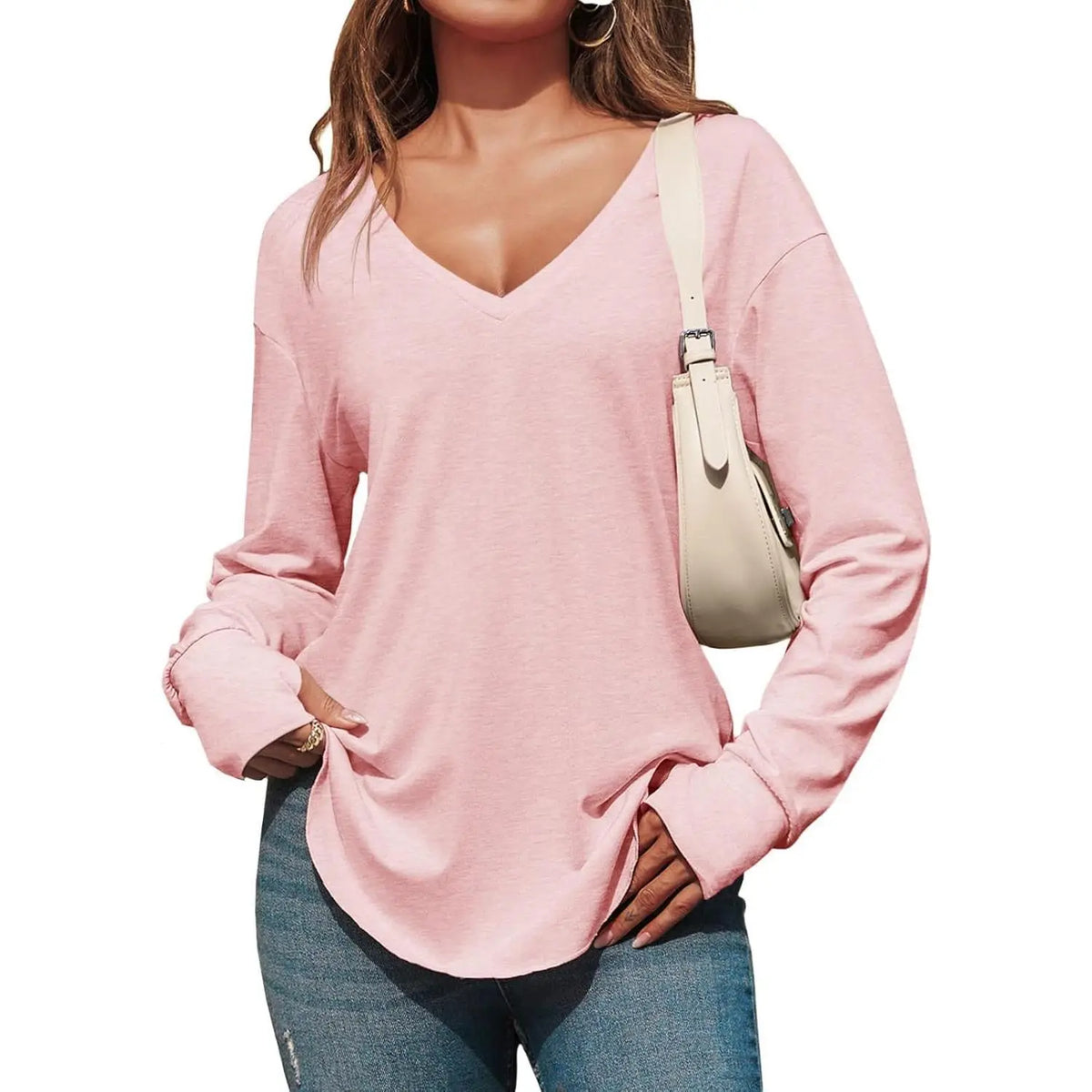 Women’s V Neck Long Sleeve Tunic Top – Loose Fit Curved Hem Casual Basic T-Shirt