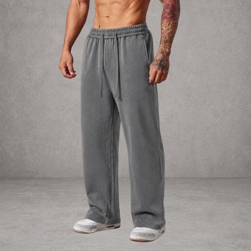 Men's Vintage Washed Baggy Heavyweight Fabric Sweatpants – Loose Straight-Leg Drawstring Pants