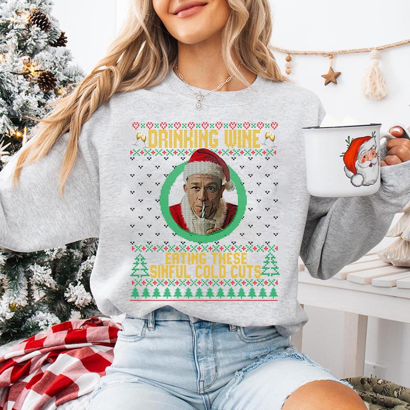 Charlie Hunnam Ed Gein Ugly Christmas Sweatshirt, Drinking Wine Eating These Sinful Cold Cuts Xmas Sweater, Ed Gein Monster Shirt