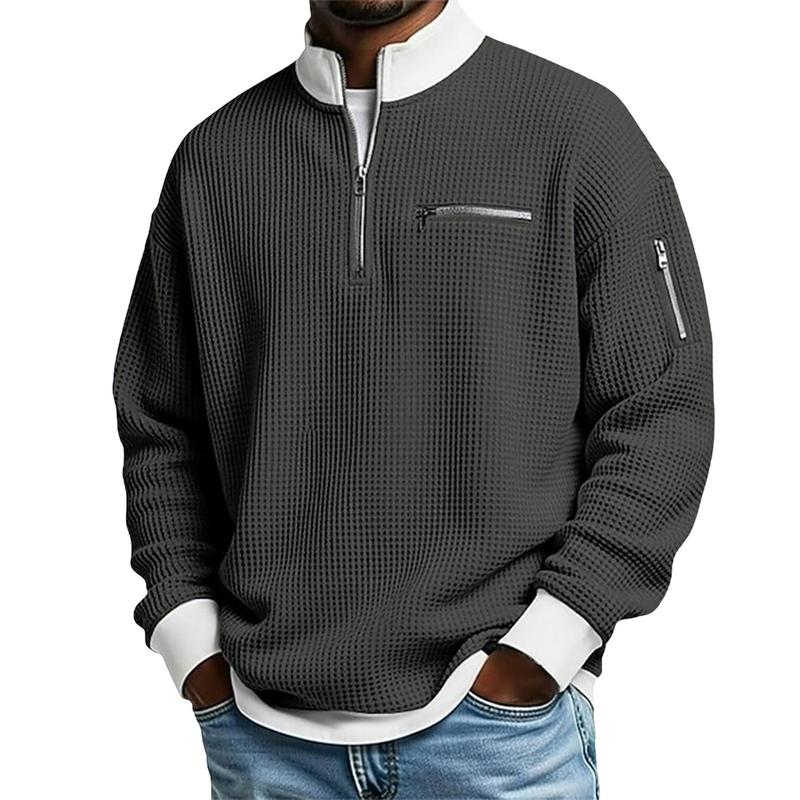 Men's Waffle Knit Quarter-Zip Pullover – Contrast Collar Casual Sweatshirt