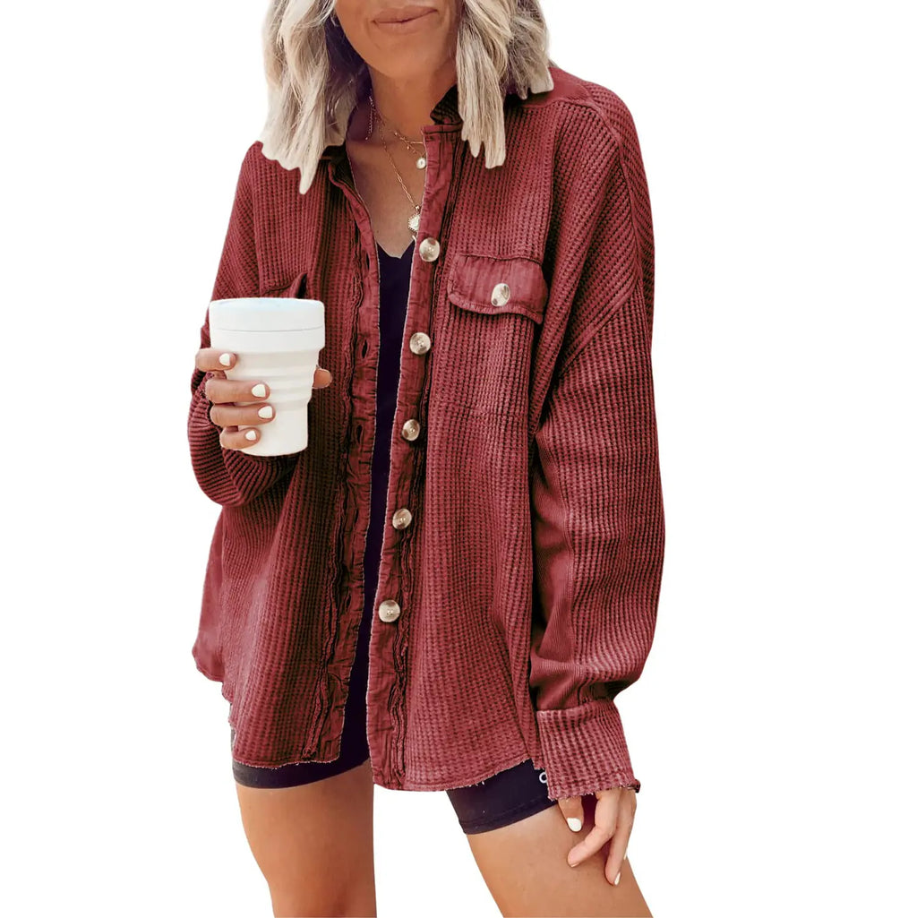 Women's Waffle Knit Oversized Shacket – Relaxed Button Down Layering Top for Fall