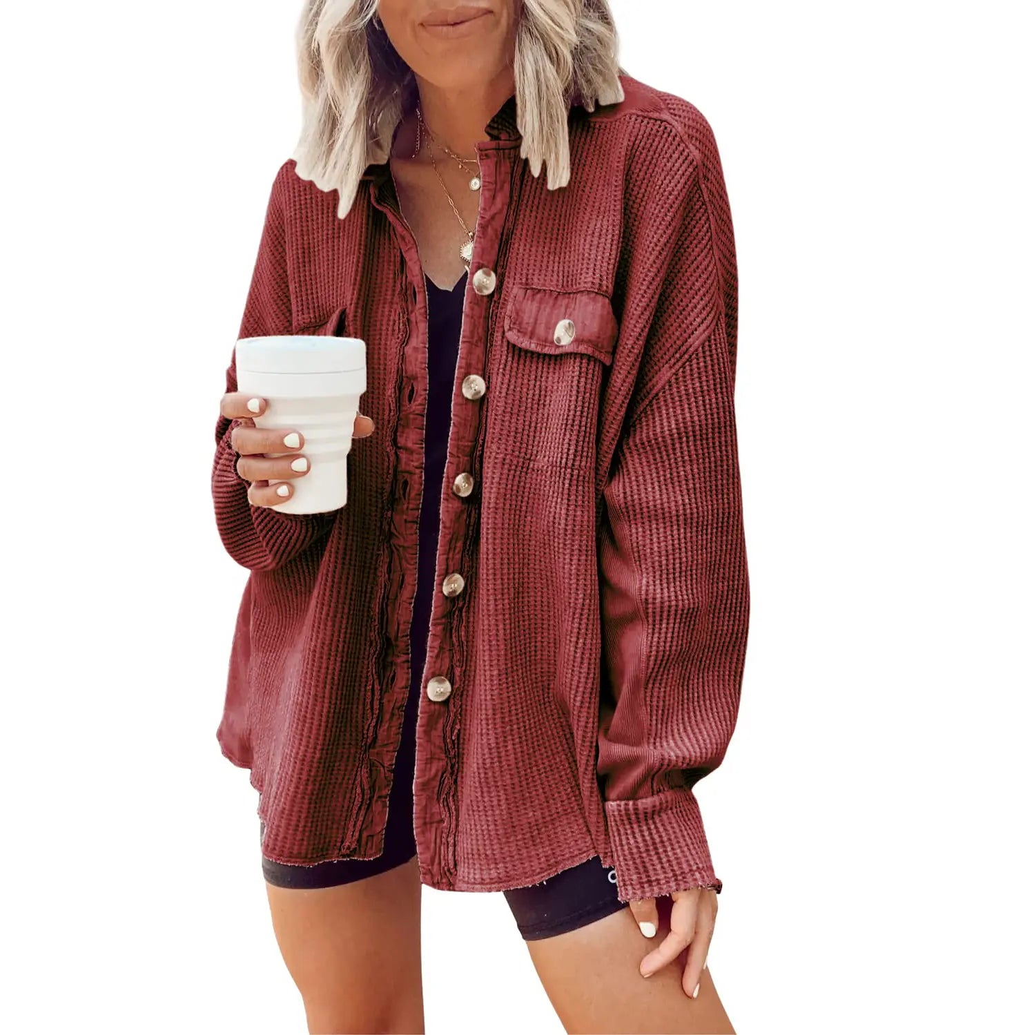 Women's Waffle Knit Oversized Shacket – Relaxed Button Down Layering Top for Fall