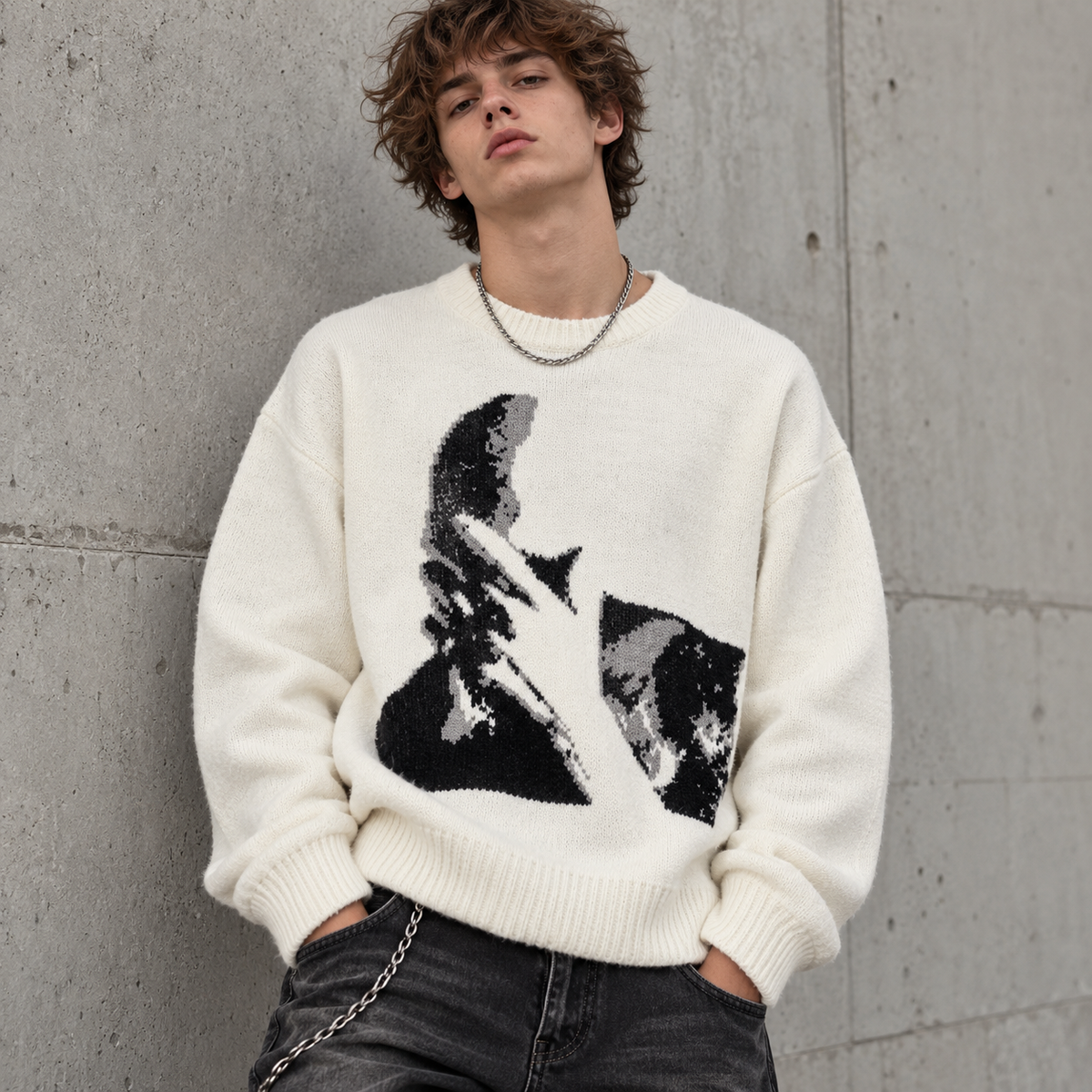 Women’s Abstract Figure Knit Sweater – Minimalist Art Graphic Crewneck Pullover