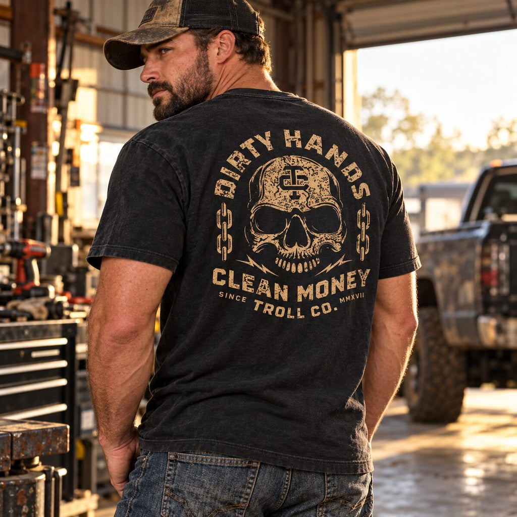 Dirty Hands Clean Money Skull Hoodie/Sweatshirt/T-Shirt – Vintage Blue Collar Workwear Pullover