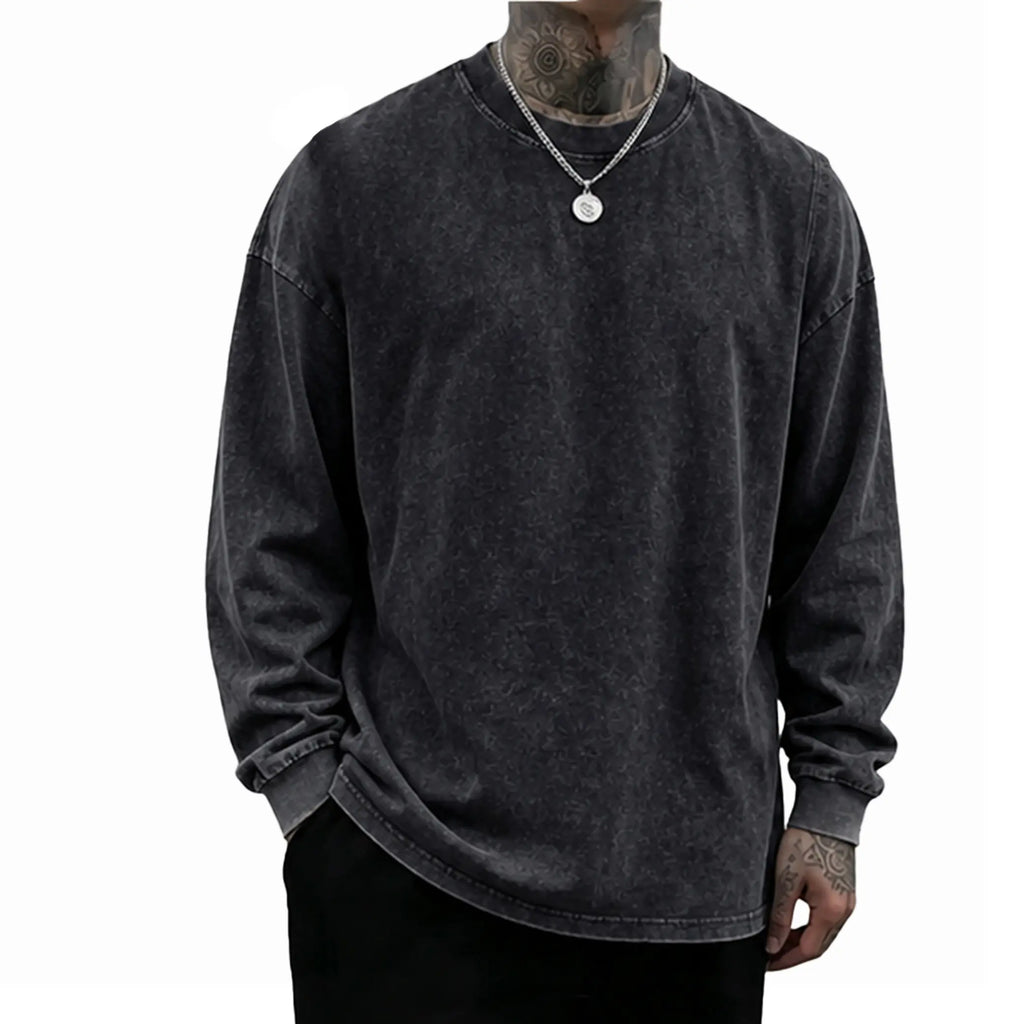 Men’s Vintage Washed Long Sleeve T-Shirt/Sweatshirt/Hoodie – Oversized Crewneck Relaxed Fit Streetwear Tee