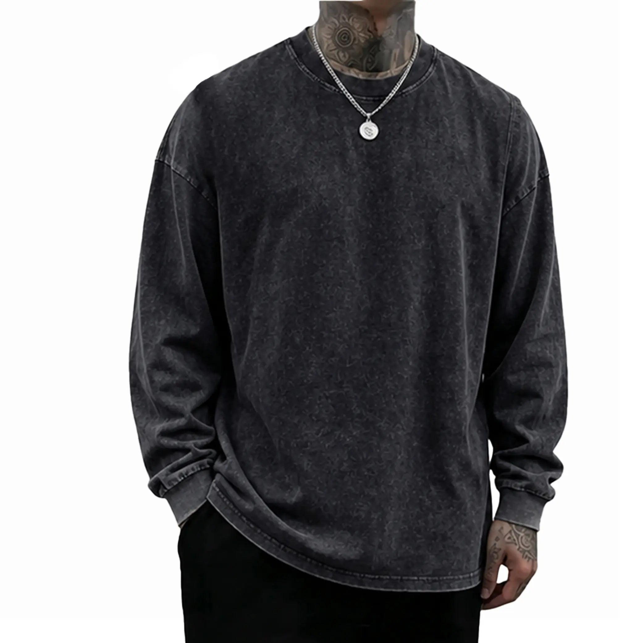 Men’s Vintage Washed Long Sleeve T-Shirt/Sweatshirt/Hoodie – Oversized Crewneck Relaxed Fit Streetwear Tee