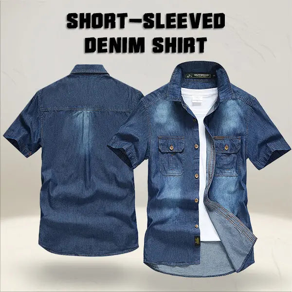 Men's Vintage Washed Denim Shirt – Short Sleeve Double Pocket Work Shirt