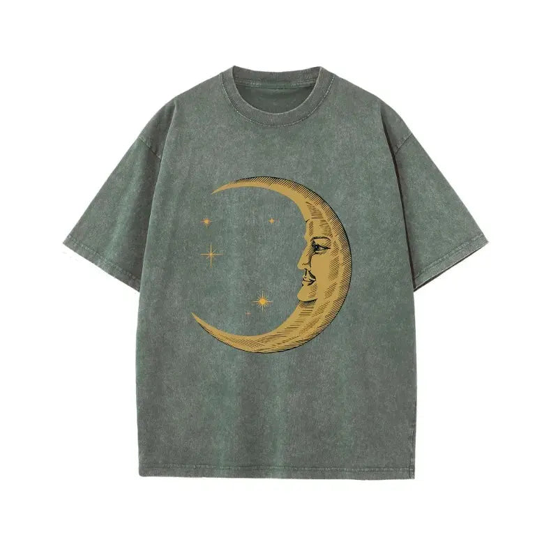 🌙 Celestial Moon Graphic Tee - Vintage Washed T-Shirt