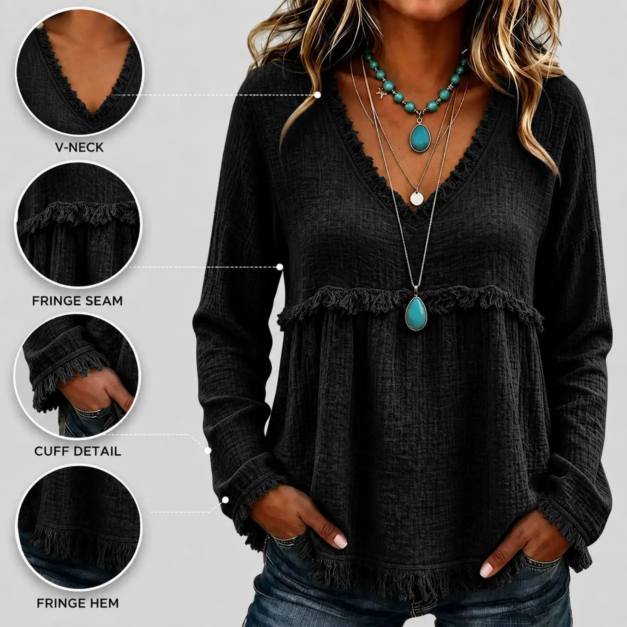 Women's Boho V-Neck Fringe Top – Flowy Long Sleeve Western Babydoll Blouse