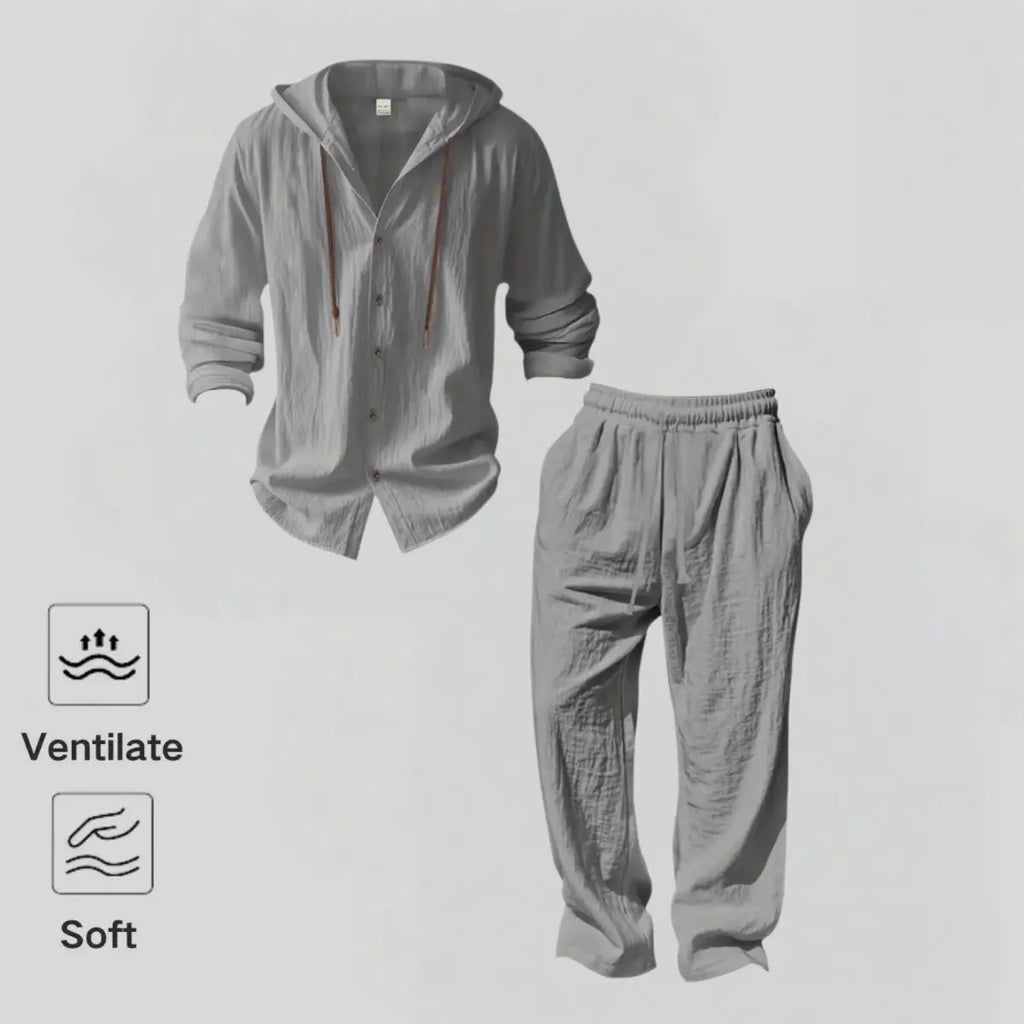 Men's Linen Hooded Set – Lightweight Button Shirt & Relaxed Pants