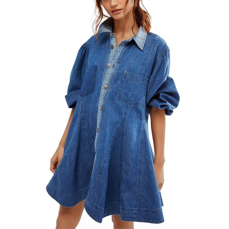 Women’s Washed Denim Shirt Dress – Puff Sleeve Button Front Babydoll Mini Dress with Patch Pockets