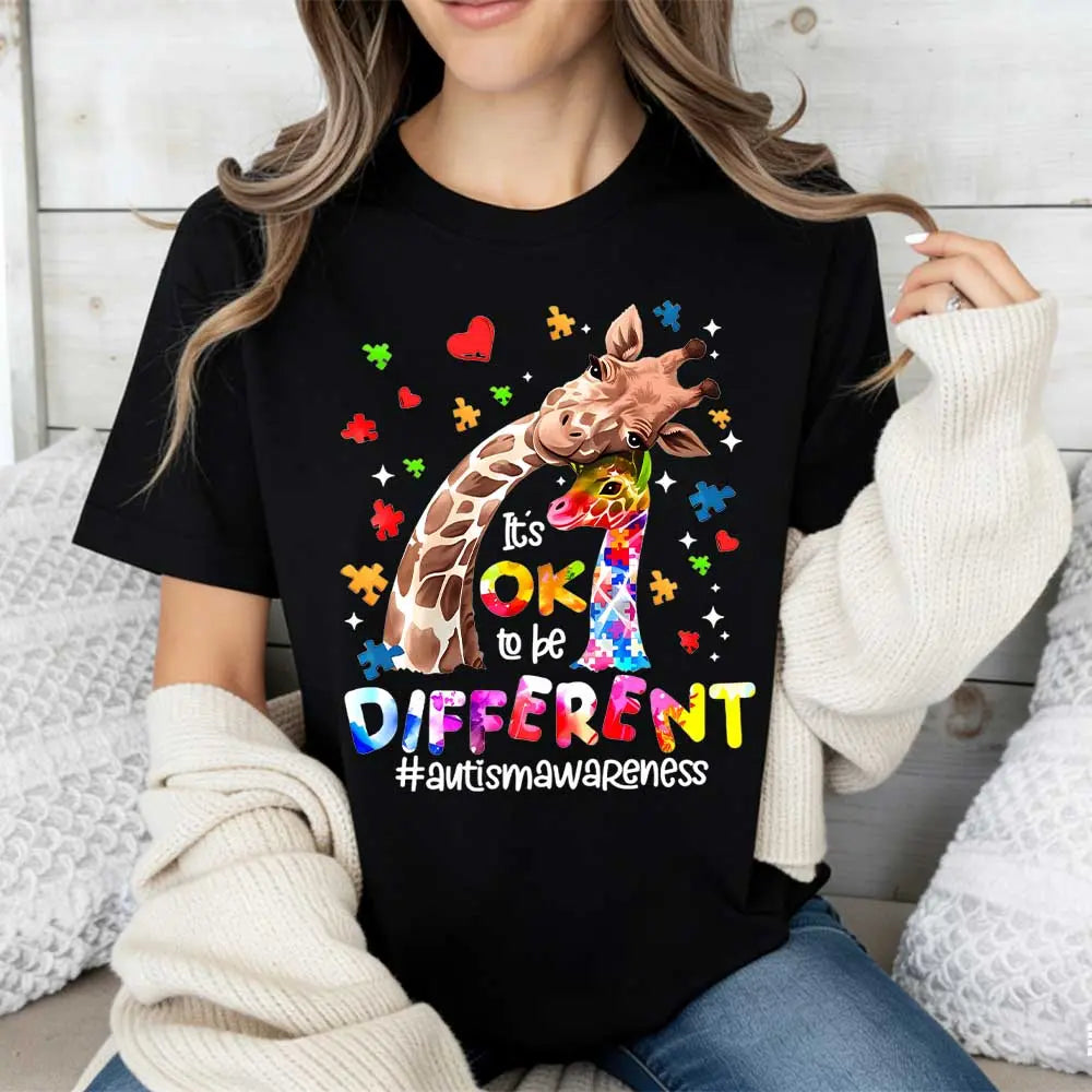 “Ok To Be Different” Autism Awareness Shirt/Sweatshirt/Hoodie – Giraffe Puzzle Heart Graphic Tee for Women