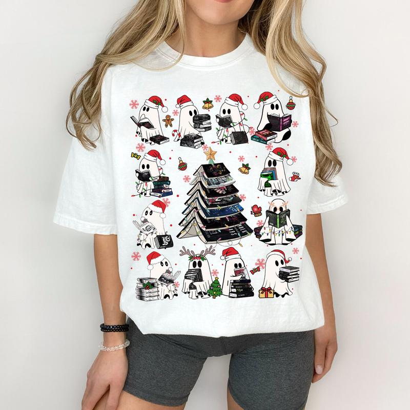 Christmas Book Ghosts T-Shirt, Ghost Reading Dark Romance Book Sweatshirt, Book Lover Xmas Gift, Spicy Book Hoodie, Smut Reader Tee
