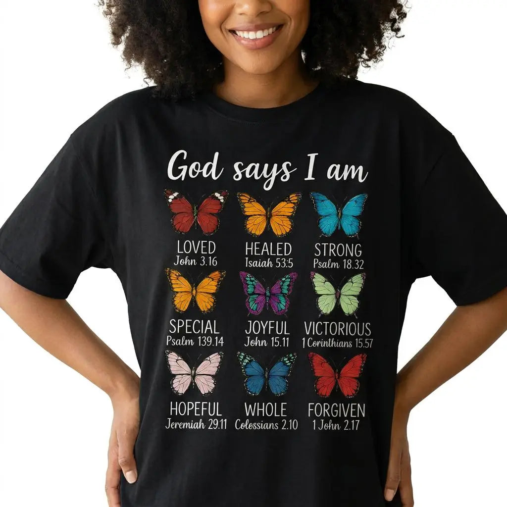 God Says I Am Butterfly Christian Graphic T-Shirt/Sweatshirt/Hoodie – Inspirational Bible Verse Faith Tee