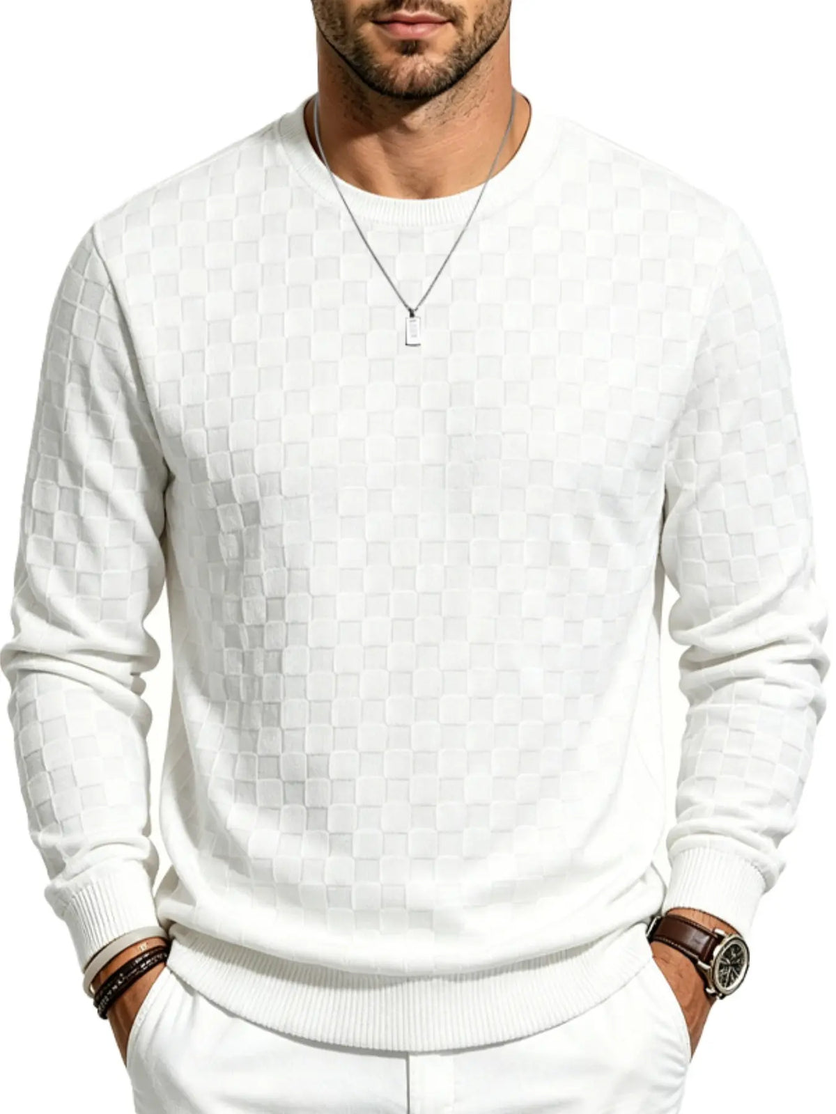 4-Pack Men’s Checkered Knit Sweaters – Lightweight Crewneck Long Sleeve Pullovers