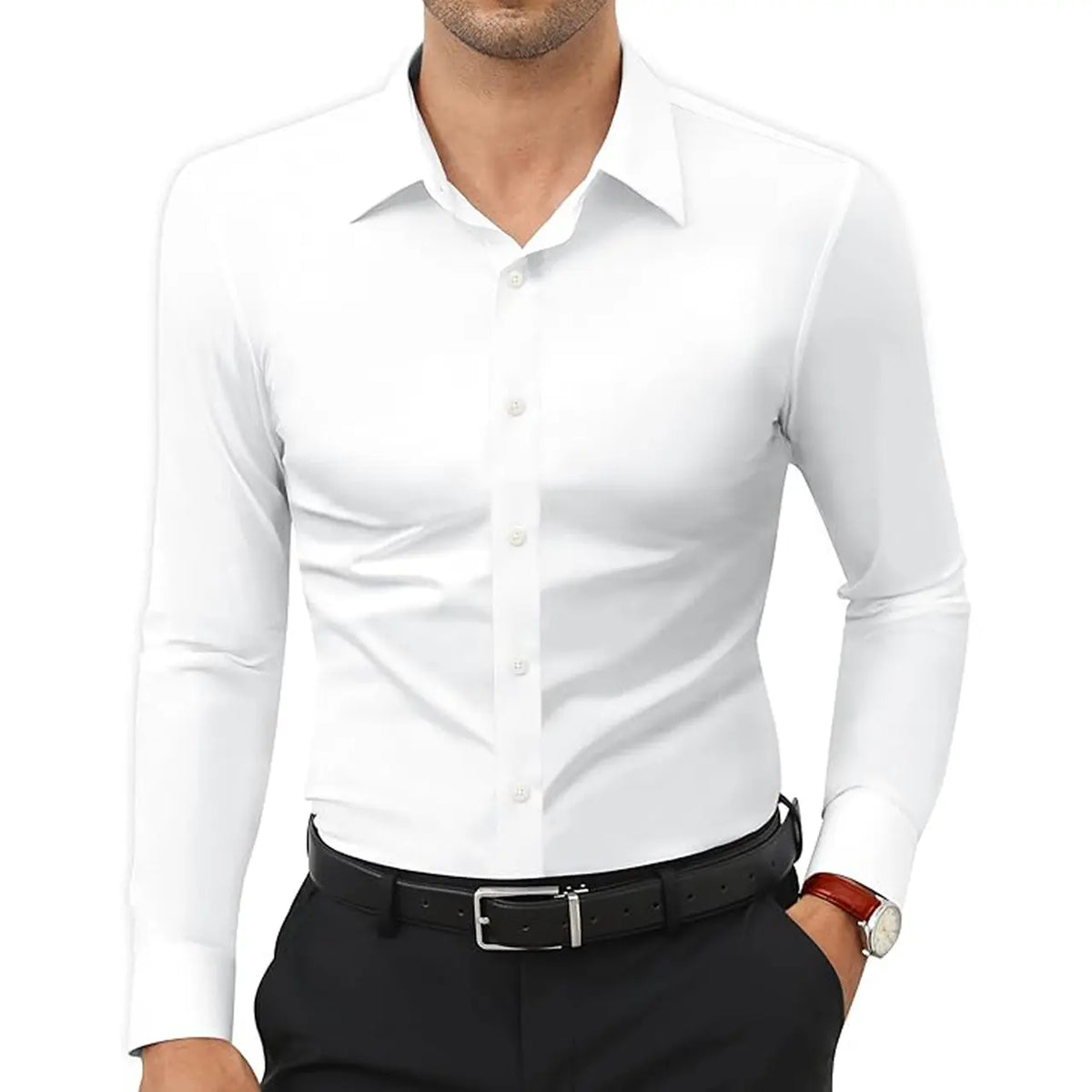 Men’s Super Stretch Dress Shirt – Slim Fit Wrinkle-Resistant Long Sleeve Button-Down
