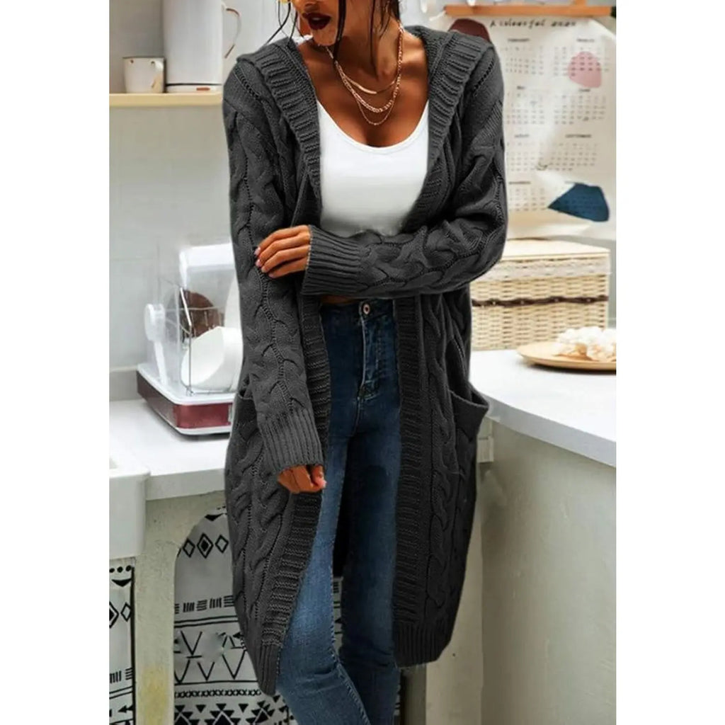 Women's Cozy Cable Knit Hooded Cardigan – Long Open Front Sweater with Pockets