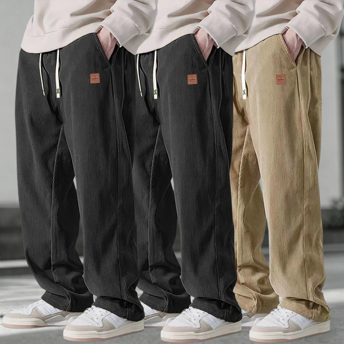 Men’s 3-Pack Corduroy Pants – Loose Fit Drawstring Casual Straight Leg Trousers