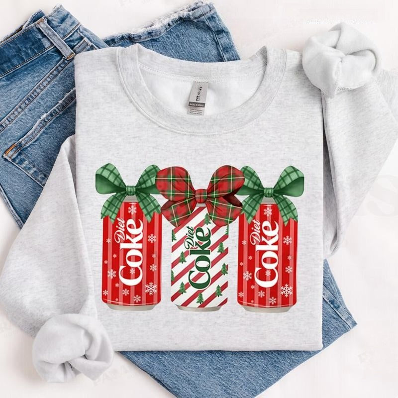 Christmas Soda Bow Sweatshirt/Hoodie/T-Shirt – Cute Plaid Ribbon Holiday Graphic Crewneck