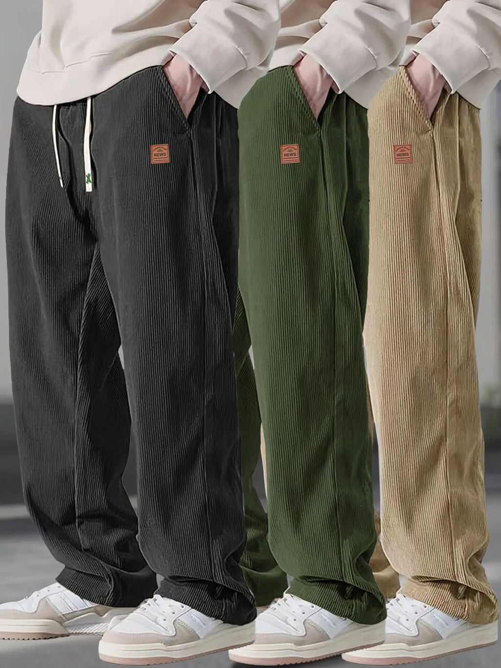 Men’s 3-Pack Corduroy Pants – Loose Fit Drawstring Casual Straight Leg Trousers