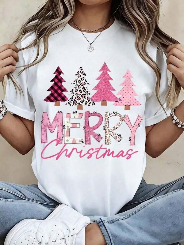 Merry Christmas T-Shirt For Women Festive Pink Plaid & Leopard Print Trees Design Holiday Seasonal Graphic Tee Cute Xmas Party Gift Idea 100% Cotton Fabric Regular Fit Short Sleeve Tops Style Lightweight
