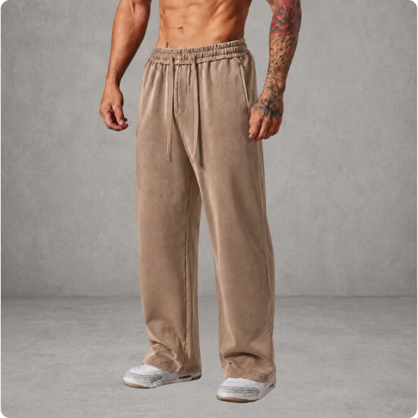 Men's Vintage Washed Baggy Heavyweight Fabric Sweatpants – Loose Straight-Leg Drawstring Pants