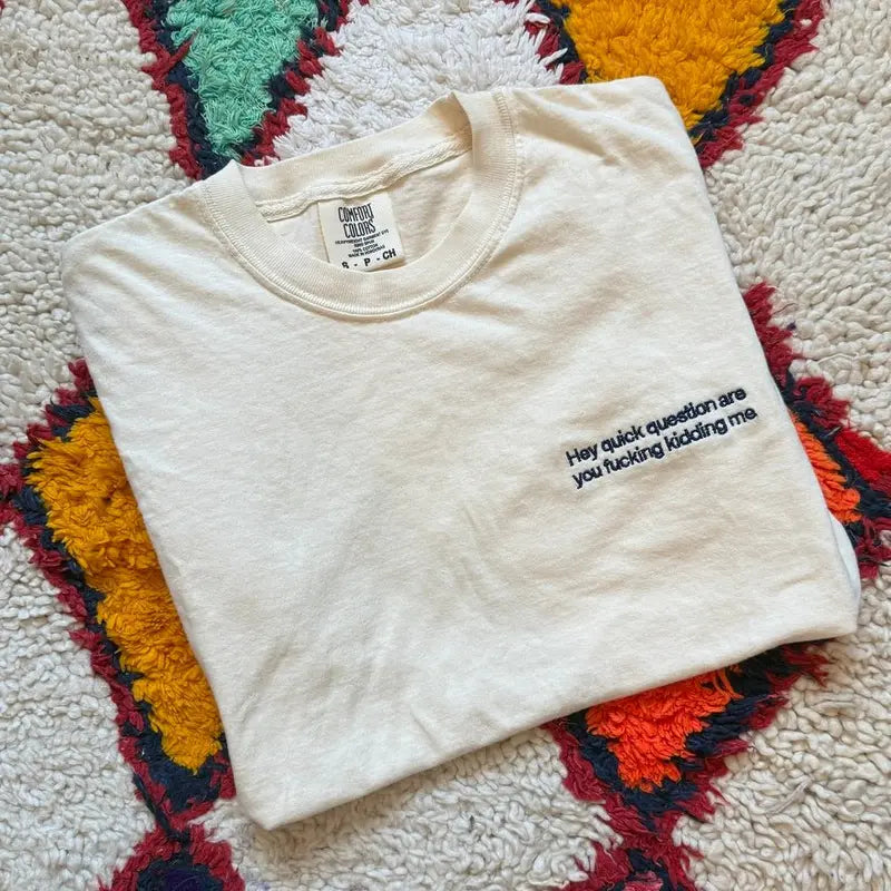 "Hey Quick Question Are You Kidding Me" Embroidered T-Shirt/Sweatshirt/Hoodie – Funny Unisex Shirt