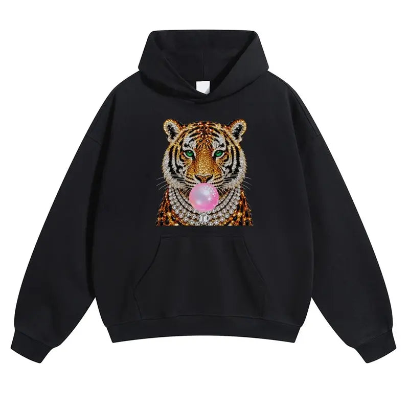Glam Tiger Bubble Gum T-Shirt/Sweatshirt/Hoodie – Rhinestone Style Animal Graphic Tee, Y2K Streetwear Top