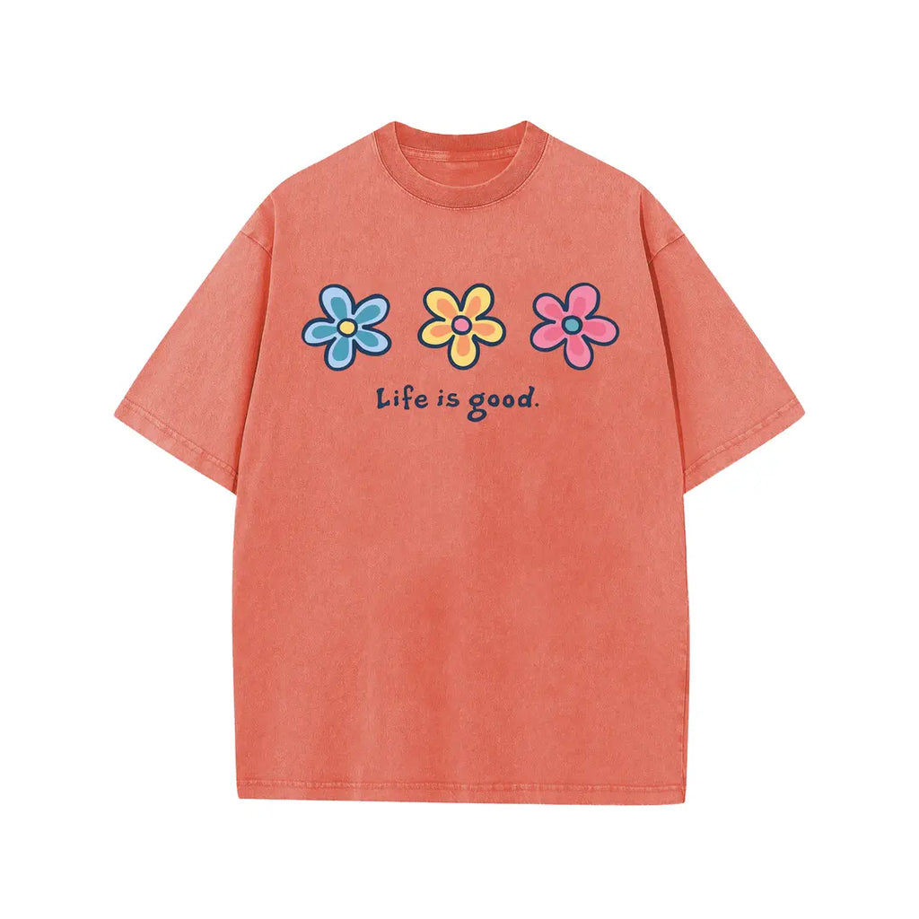 Life Is Good Daisy Tee 🌼 – Vintage Wash Oversized T-Shirt