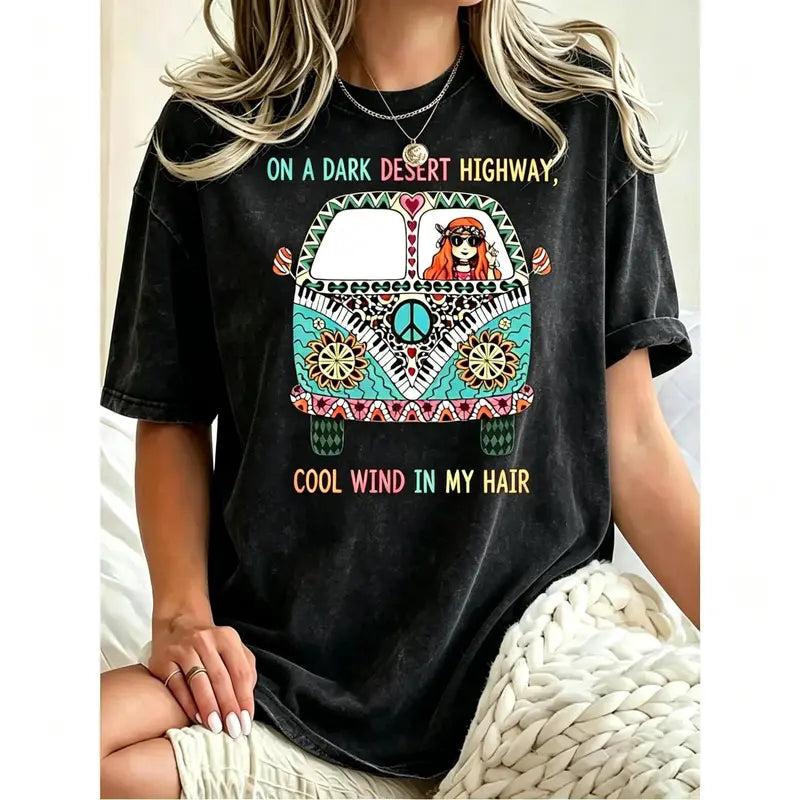 🎶Colorful Bohemian Graphic Tee/Sweatshirt/Hoodie for Plus Size Women Showcasing Hippie Bus Desert Scene and Dark Highway Quote