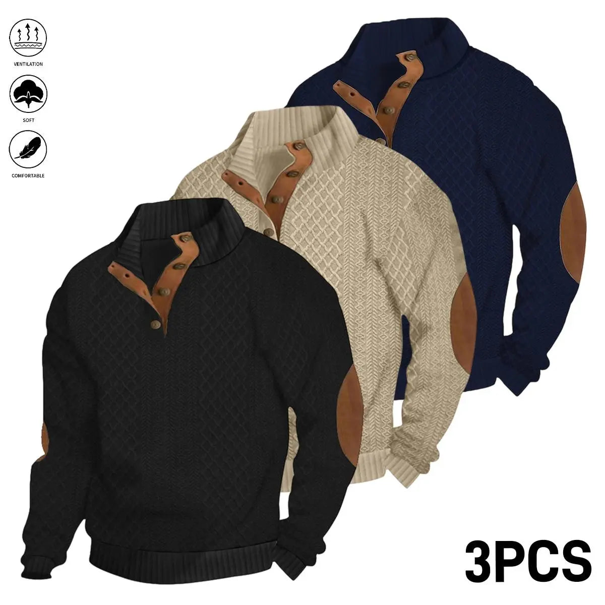 Men’s 3-Pack Textured Knit Pullover – Button Stand Collar Long Sleeve Sweaters with Elbow Patches