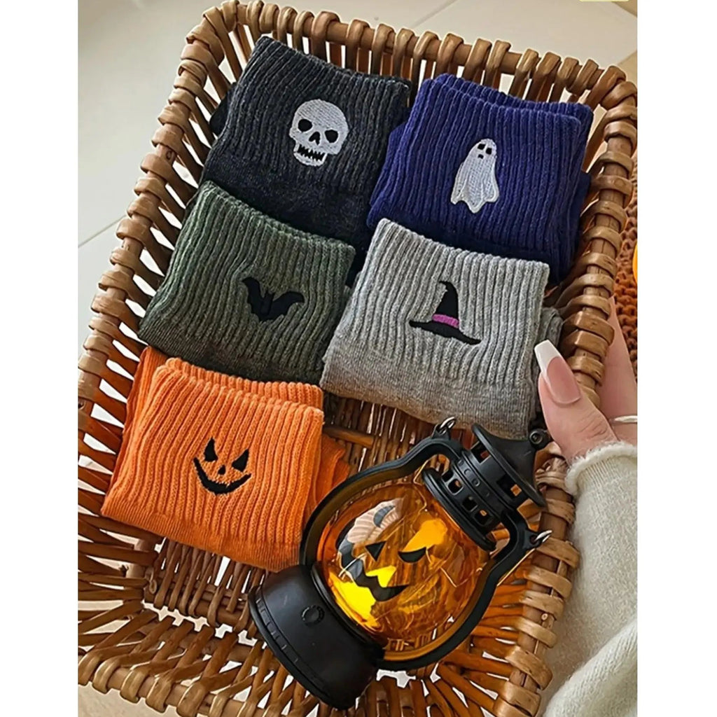 Cute Halloween Embroidered Socks Set | Cozy Fall Pumpkin Ghost Crew Socks