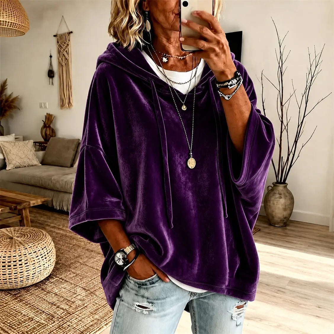 Women’s Relaxed Oversized Hoodie – 3/4 Sleeve Soft Pullover Top with Drawstring Hood