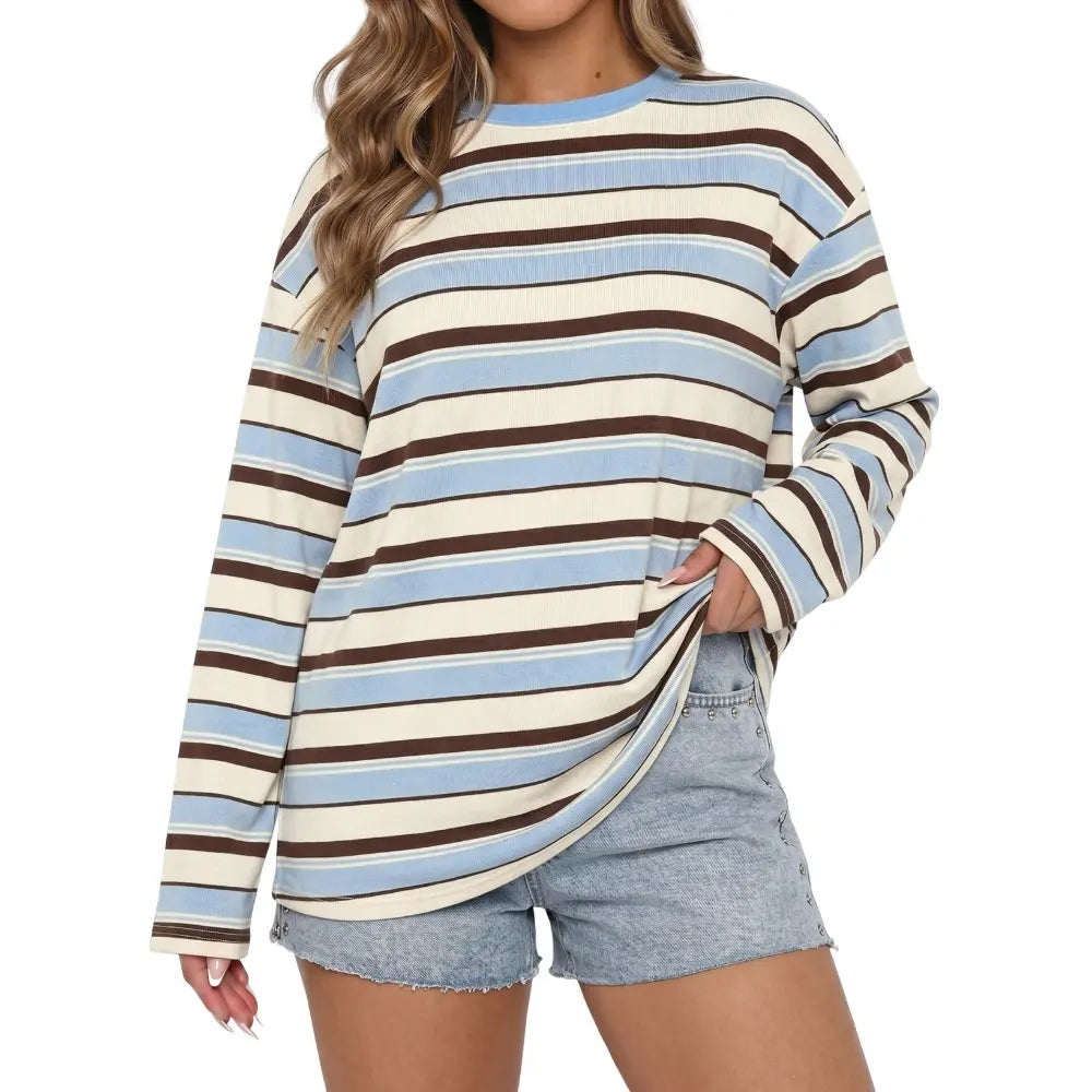 Retro Striped Long Sleeve Top – Women's Relaxed Everyday Tee