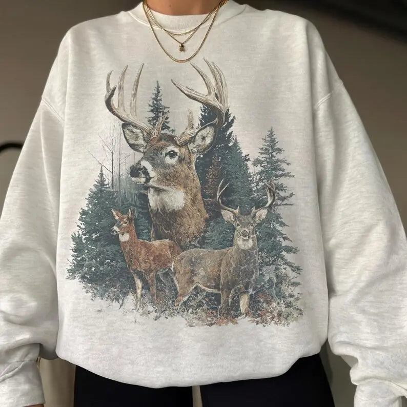 Vintage Deer Forest Sweatshirt/Hoodie/T-Shirt – Retro Wildlife Outdoor Graphic Crewneck